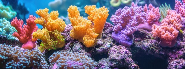 Fototapeta premium Vibrant Underwater Coral Reef with Colorful Corals and Rich Marine Life Beneath Crystal Clear Ocean Water