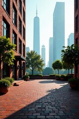 Obraz premium Empty Shanghai brick courtyard, modern skyscraper backdrop, texture, city