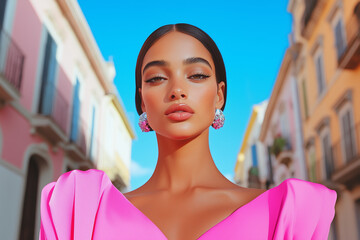 Beautiful woman (face portrait) on the street. Lifestyle, pink dress, hair, shopping, summer, city