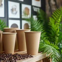 Fototapeta premium Brown Paper Coffee Cups with Coffee Beans and Greenery