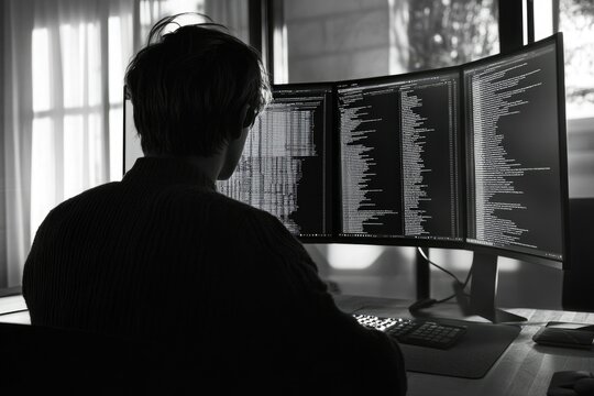 A programmer intensely focuses on lines of code displayed across two large monitors, engrossed in software development.