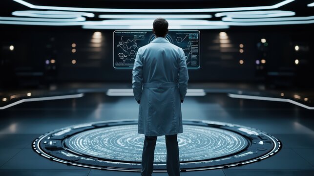 Male scientist analyzing futuristic holographic display in advanced laboratory