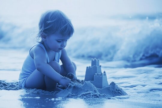 Toddler building a sandcastle on the beach, enjoying a playful moment by the ocean waves.