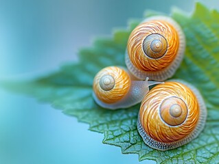 Snails on leaf, vibrant colors, close-up, nature, wallpaper