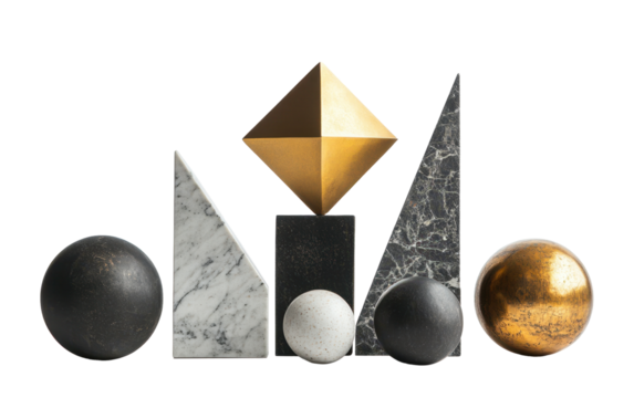 Assorted geometric shapes in marble and gold tones