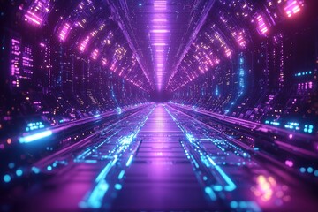 Fototapeta premium Futuristic tunnel neon lights, technology background, virtual corridor
