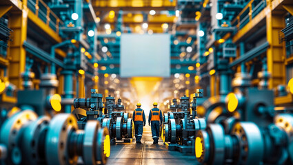 Fototapeta premium Workers inspecting machinery in a large industrial facility during the day