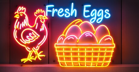 Neon sign fresh eggs daily with neon hen and glowing egg basket bright colorful realistic photo.