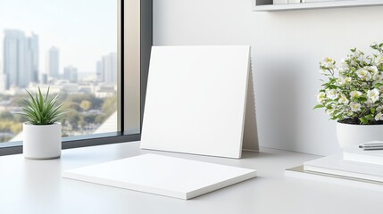 Fototapeta premium Minimalist workspace with blank canvas and natural light, ideal for creativity and productivity.