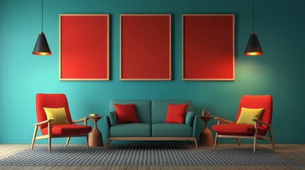 The interior of the living room showcases blue retrofuturism, incorporating red accents and a unique wall featuring polka dots