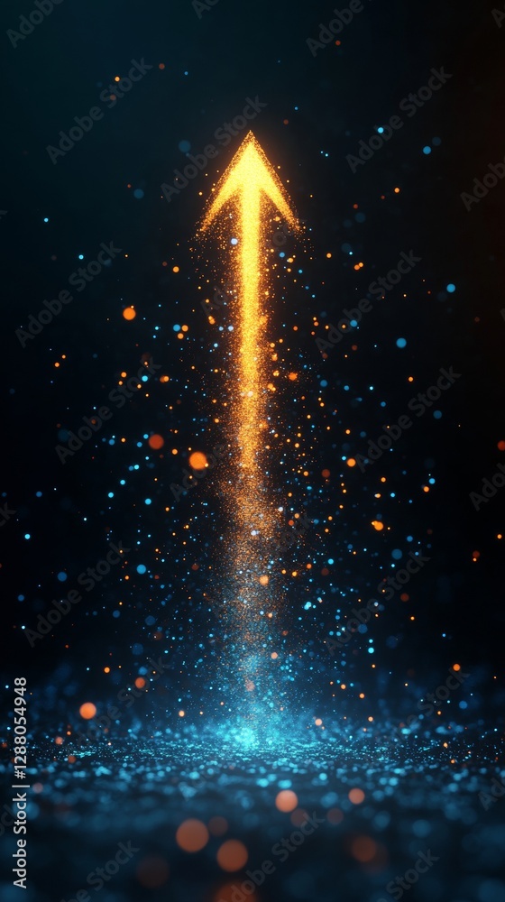 Aufkleber Golden arrow of light pointing upwards with sparkling particles against dark background. Futuristic technology and progress concept