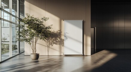 Fototapeta premium A white roll-up banner template is used as a blank advertisement mockup in a business setting, where it is placed in a lobby next to windows on a commercial pull-up display