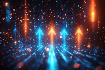 Abstract glowing upward arrows, futuristic digital background
