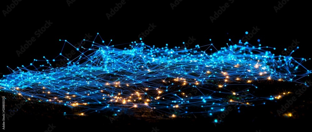 Poster the representation of a network is embodied in an abstract landscape of shimmering particles and nod