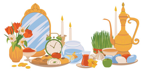 Products for the International Day of Navruz. Iranian New Year is a sacred day and religious holiday of Zoroastrians and Baha'is. Mirror, green grass, sweets, candles, vinegar, flowers. Flat vector.