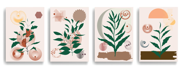 Modern artistic posters set with various design elements . Grunge textured shapes in art style . Wall art , home poster design . Vector abstract shape. Modern art . Contemporary poster set .