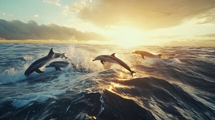 Dolphins leaping through ocean waves, playful marine mammals showcasing agility at sunset, vibrant horizon, serene atmosphere.