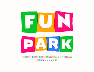Vector Festive emblem Fun Park. Creative Colorful Font. Cool Children Alphabet Letters and Numbers set.