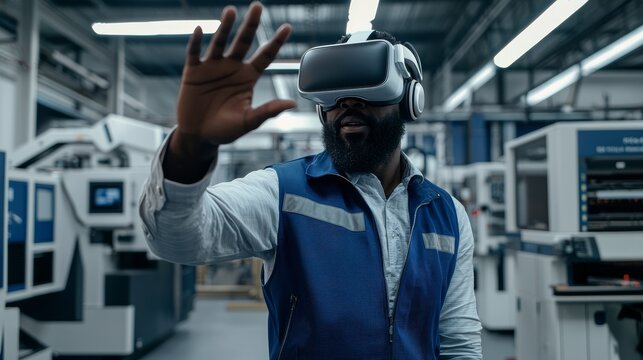 The workplace is where a highly skilled and advanced worker, clad in the latest technological headset, showcases their proficiency in virtual reality by utilizing gestures, swipes, and taps, fully