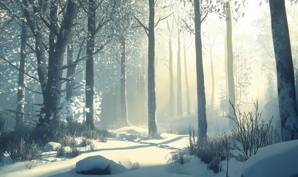 Serene winter forest landscape with snow-covered trees and soft sunlight