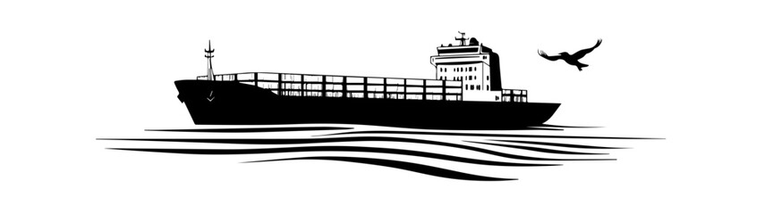 Black and white illustration of a cargo ship.