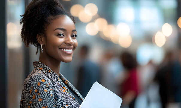 A black female professional elite is attending a business event, smiling, professional, friendly, business, advertising, base map, publicity, poster, wallpaper, background, successful, businesswoman