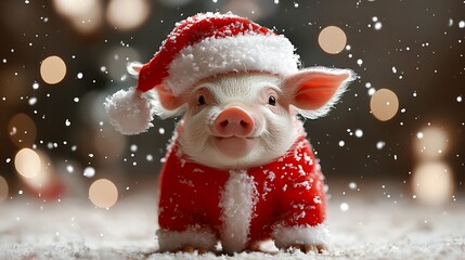 Festive pig in Santa suit, snow background, adorable