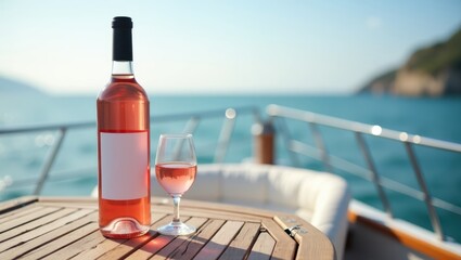 Bottle of rosé wine and glass on yacht with scenic ocean view, luxury summer vacation

