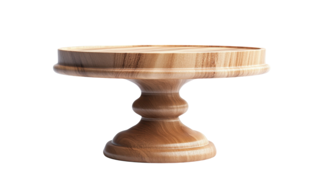 Elegant wooden cake stand displayed against a minimalistic background for showcasing desserts and pastries