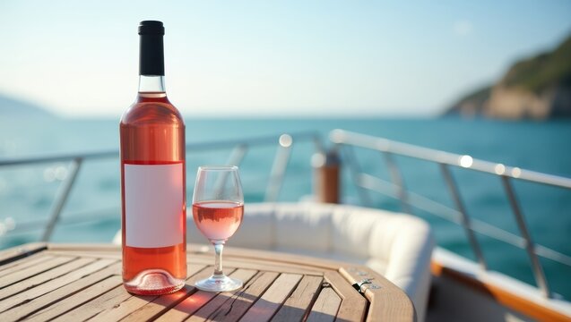 Bottle of rosé wine and glass on yacht with scenic ocean view, luxury summer vacation

