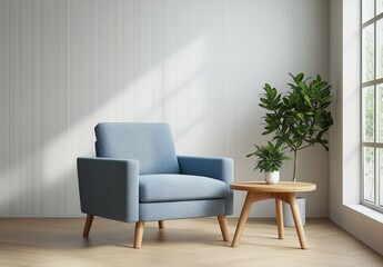 Cozy blue armchair and wooden table with green plant in bright living room