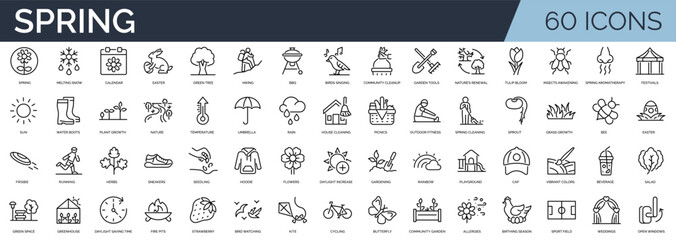 Set of 60 outline icons related to spring season. Linear icon collection. Editable stroke. Vector illustration