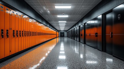 Obraz premium School hallway with orange lockers, empty. Use Stock photo