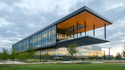 Obraz premium Modern Glass and Metal Office Building with Wood Accents at Sunset