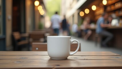 Fototapeta premium White coffee mug on rustic wooden table in cozy outdoor café with blurred background lights