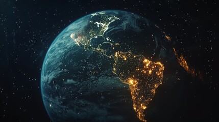 Obraz premium An animated earth featuring blue lights is depicted in a style that combines grid formations, aggressive digital illustration, intertwined networks, spherical sculptures, and a palette of dark black