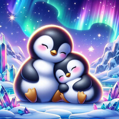 Cute penguins on snowy arctic landscape embracing together under the beautiful northern lights. Cartoon illustration of cute antarctic bird characters.