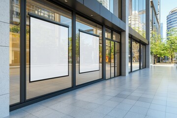 A pair of empty billboards adorn the exterior of a contemporary building, symbolizing street advertising, set against a daytime urban backdrop, stock image