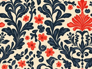 A vibrant floral pattern featuring navy leaves and red flowers on a cream background, showcasing intricate designs and a classic aesthetic.