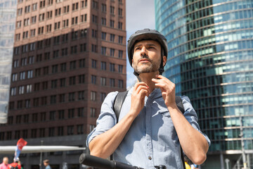 Man fastening the helmet before riding on electric scooter, Berlin, Germany