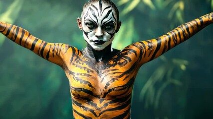 Woman tiger body painting posing with open arms
