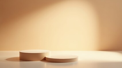 Minimalist beige podium display with soft lighting and shadows for product presentation or branding

