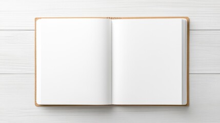 Top view of a blank notebook open on a white wooden surface, perfect for creativity and planning concepts.