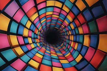 Dynamic squares overlap in a tunnel illusion, colorful on shadowed background.