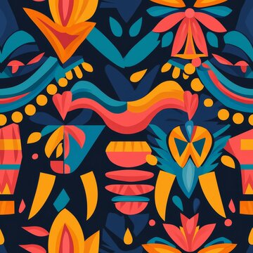 A vibrant, abstract pattern featuring bold shapes and colors, blending geometric and organic forms against a dark background.