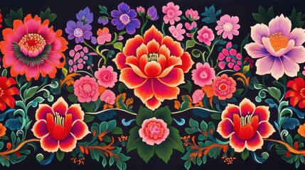 Vibrant Floral Embroidery Design  Colorful Flowers Textile Pattern