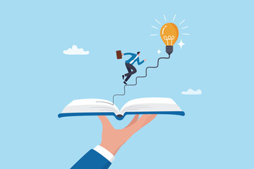 Effective learning new knowledge lead to success, wisdom or idea creativity, literature or inspiration, opportunity advice concept, young man running on opening book with stair up to lightbulb idea.