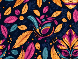 Fototapeta premium A vibrant, floral pattern featuring colorful leaves and blossoms against a dark background, creating a lively and artistic design.