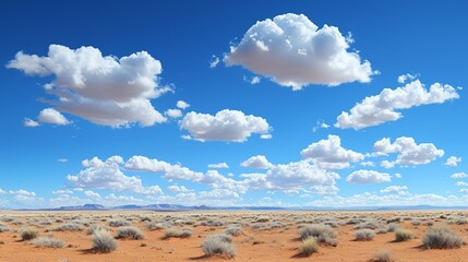 Fototapeta premium Desert landscape, blue sky, puffy clouds, arid land, travel