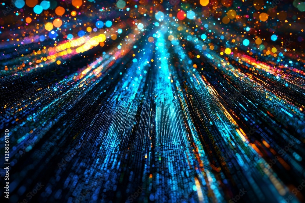 Poster digital binary codes wrapped around walls are accentuated by blue lights within the technology gatew